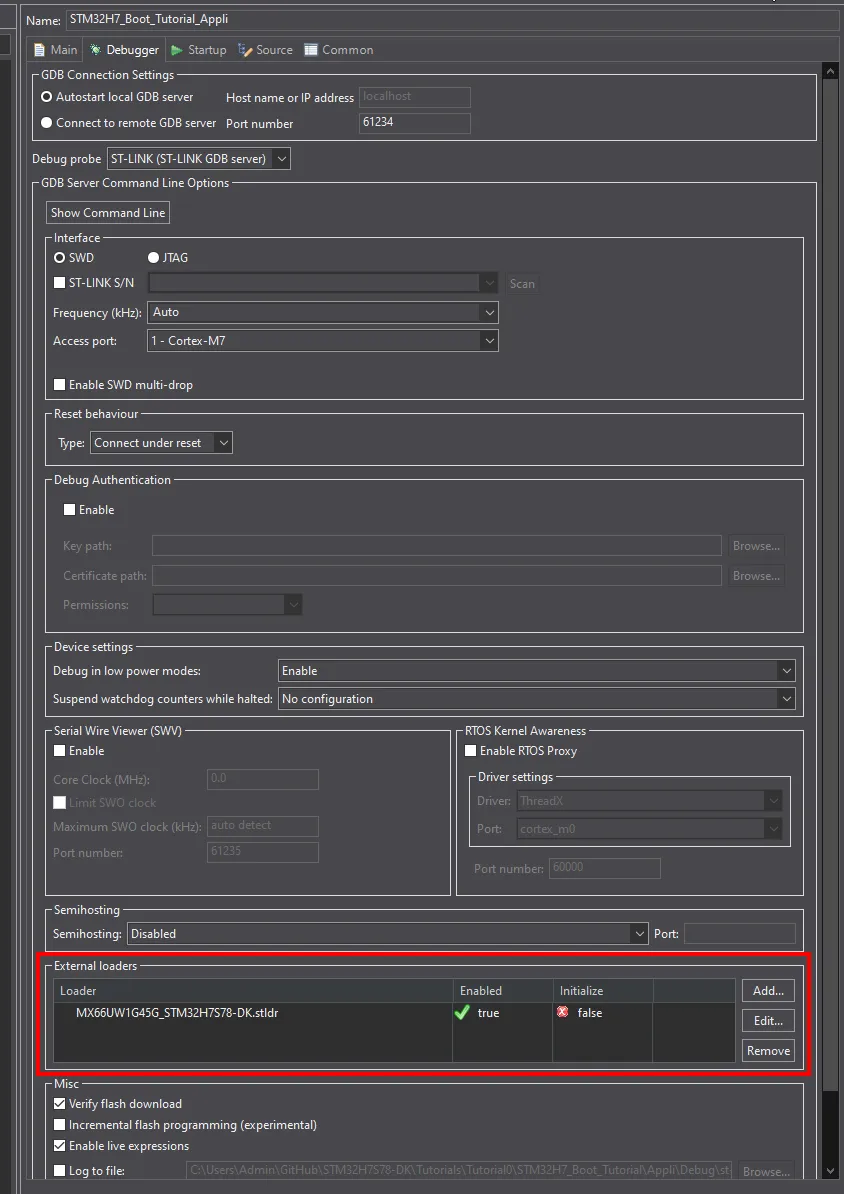 External Loader Configuration in STM32CubeIDE