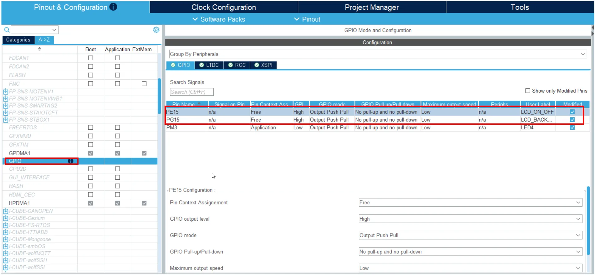 LTCD GPIO Settings